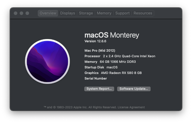 Image of an About This Mac screen showing dual Xeon CPUs, 64GB of RAM and a Radeon RX 580 running macOS Monterey